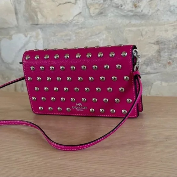 Coach CM851 Anna Foldover Clutch Crossbody Rivets Cerise Pebble Leather - Picture 3 of 10